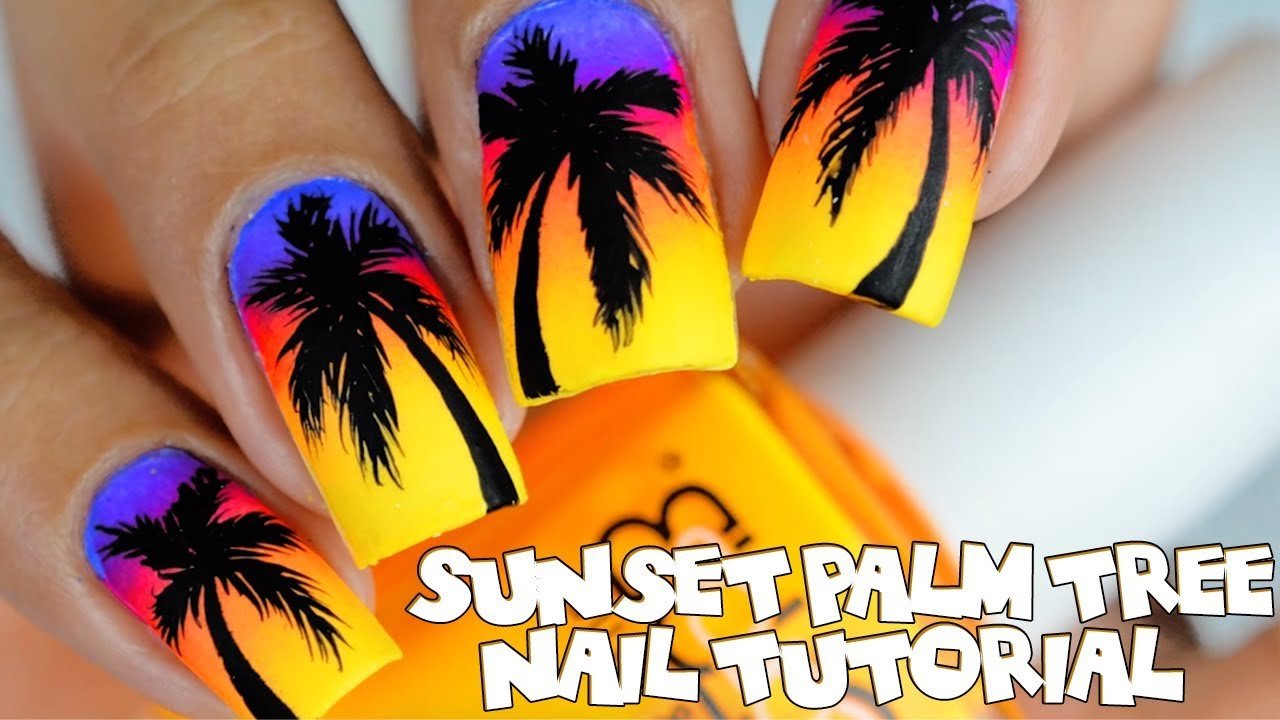 Маникюр с пальмами 49 фото дизайн покрытия для ногтей с рисунком, новинки летнего маникюра с листьями пальм на фоне заката