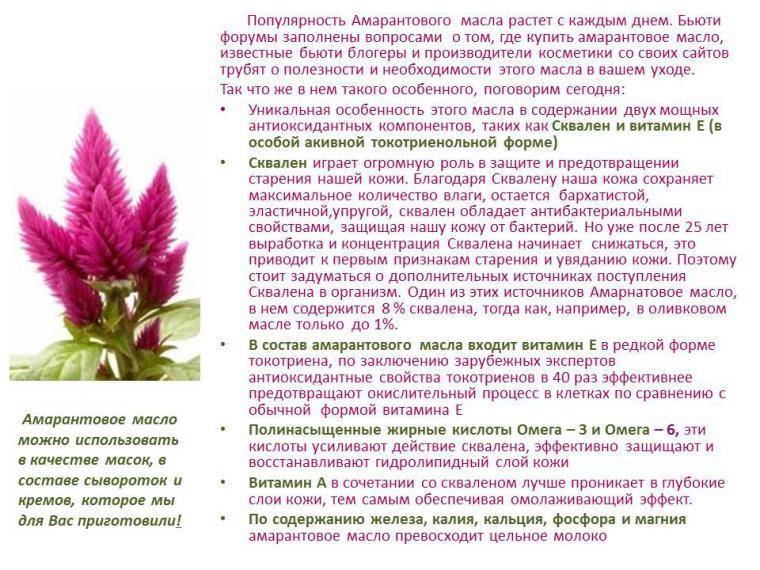 Амарантовое масло для лица:свойства, применение и польза