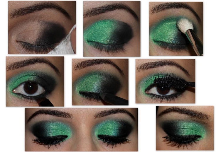 Макияж под зеленое и темно-зеленое платье для зеленых и карих глаз: фото