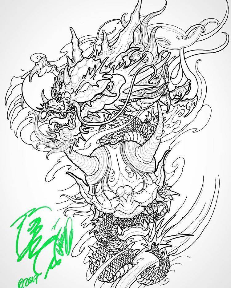 Японский дракон. эскиз тату простой, в цвете, фото, значение